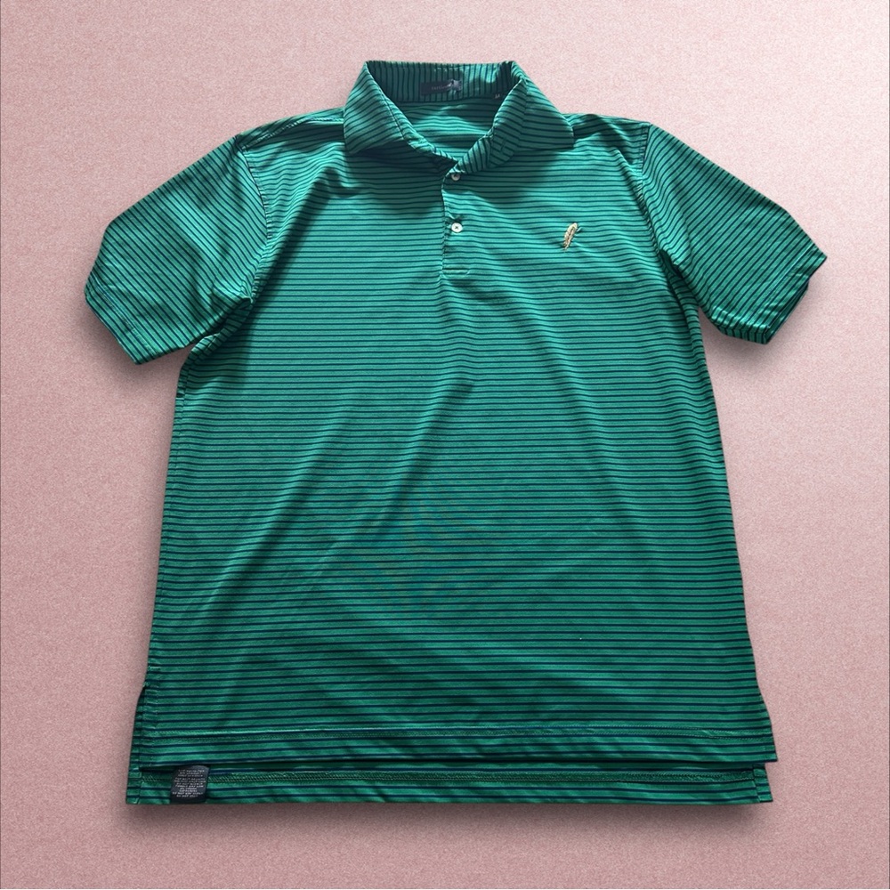 Turtleson Polo Shirt Mens Medium Green Blue Striped Short Sleeve Golf Preppy